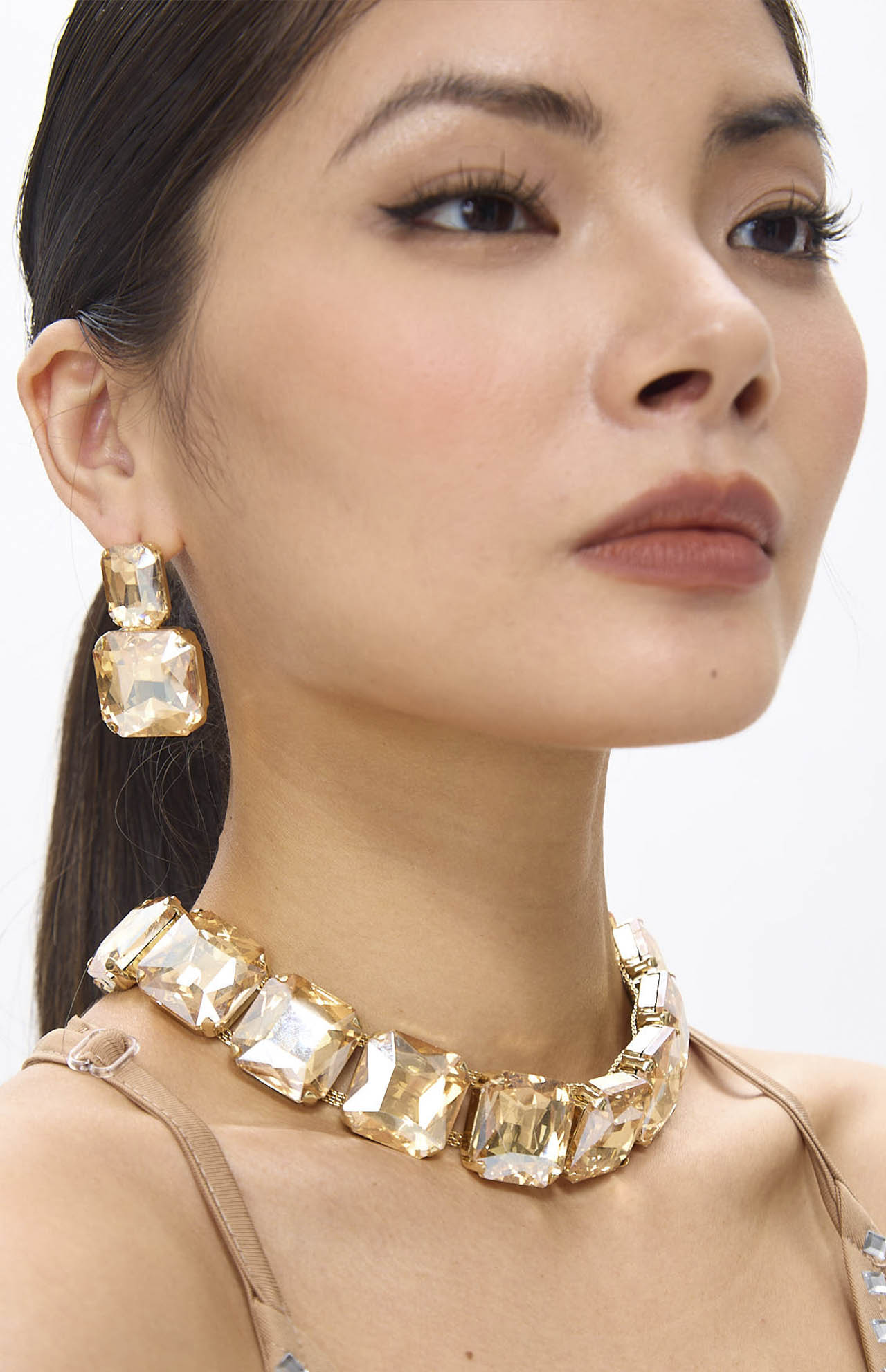 Golden Diamante Crystal Necklace & Earrings Set