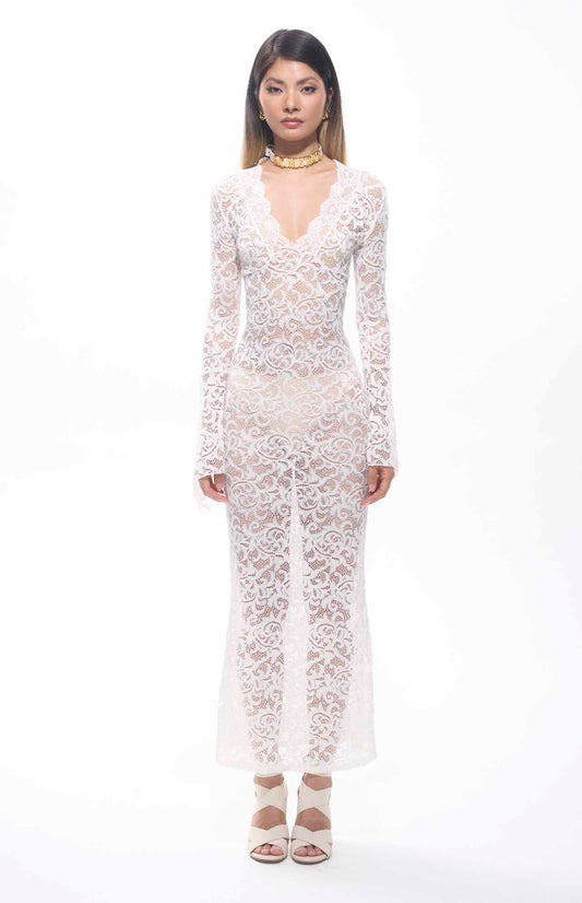 Sekna V-Cut Floral Lace Maxi Dress White