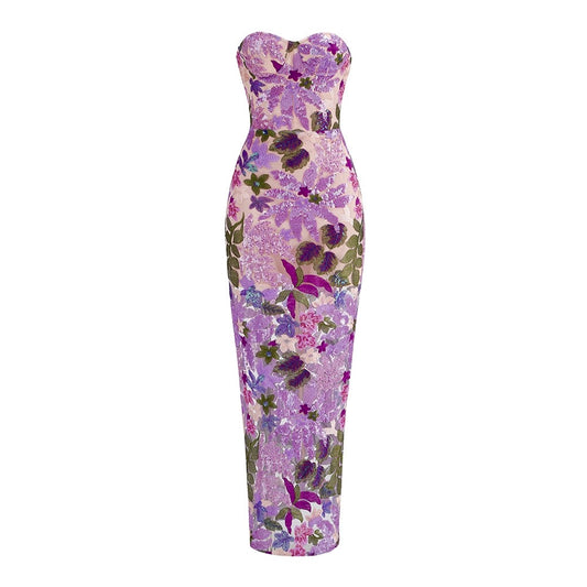 Purple Floral Sequin Midi Dress