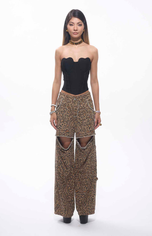 Jara Crystal Embellished Cut-Out Heart Printed Straight Leg Jeans