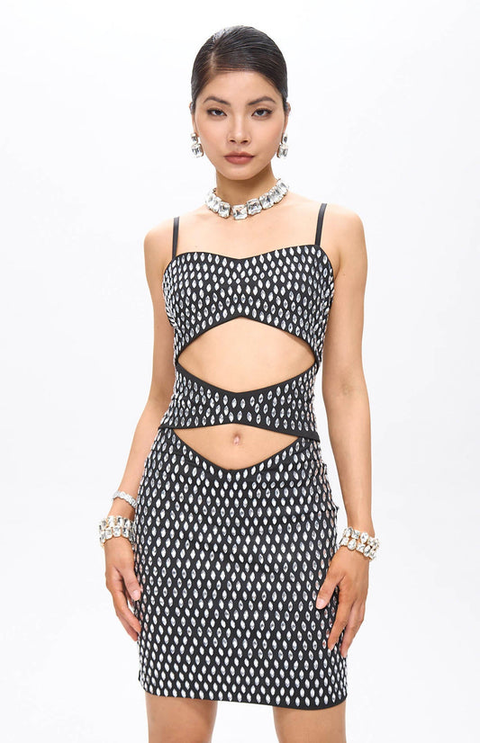Nure Embellished Cut-Out Crystal Mini Dress Black