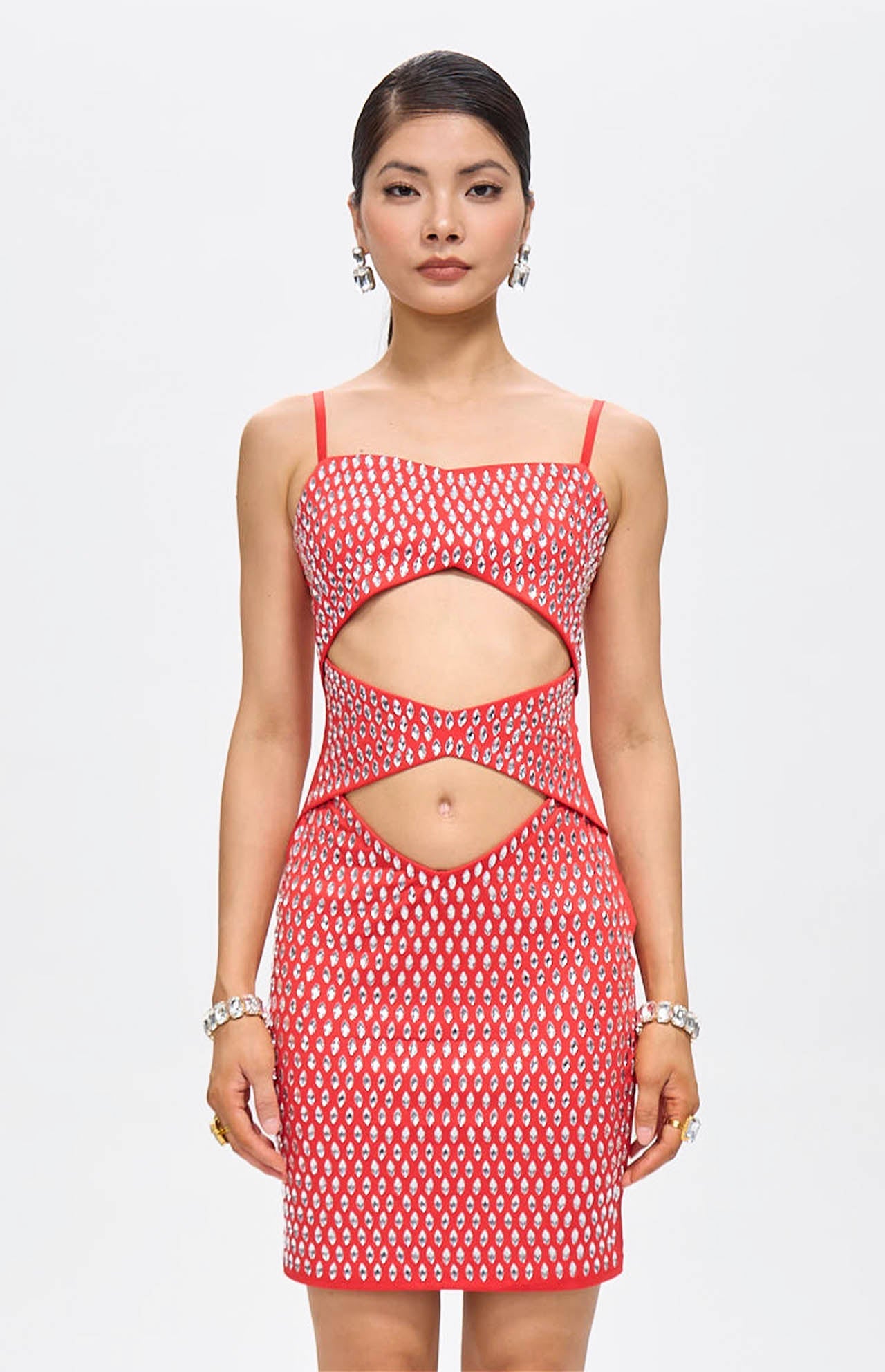 Nure Embellished Cut-Out Crystal Mini Dress Red