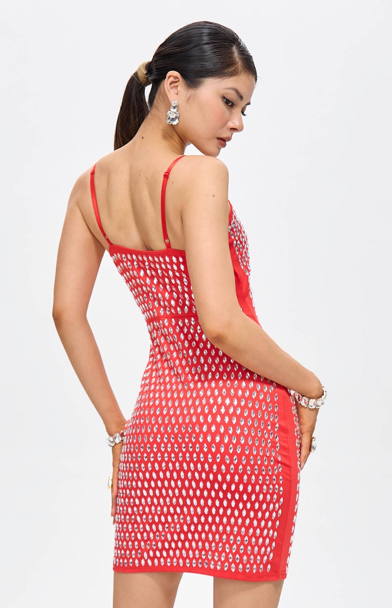 Nure Embellished Cut-Out Crystal Mini Dress Red