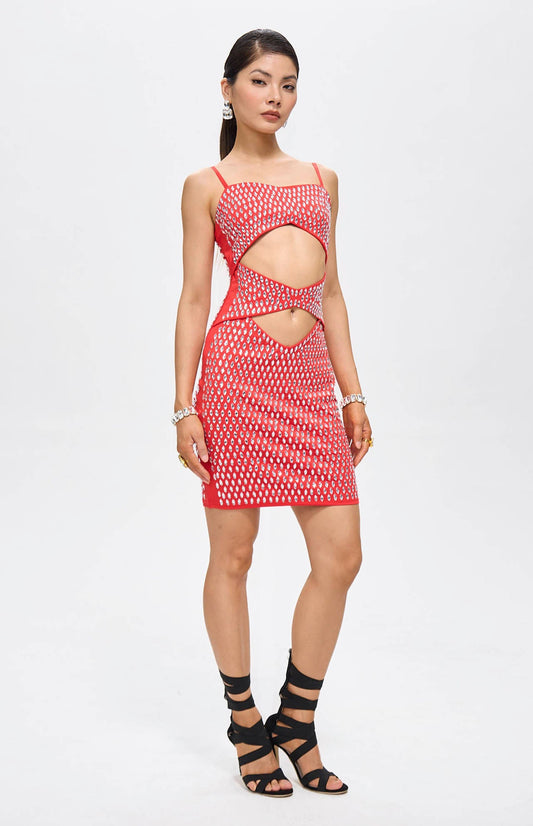 Nure Embellished Cut-Out Crystal Mini Dress Red