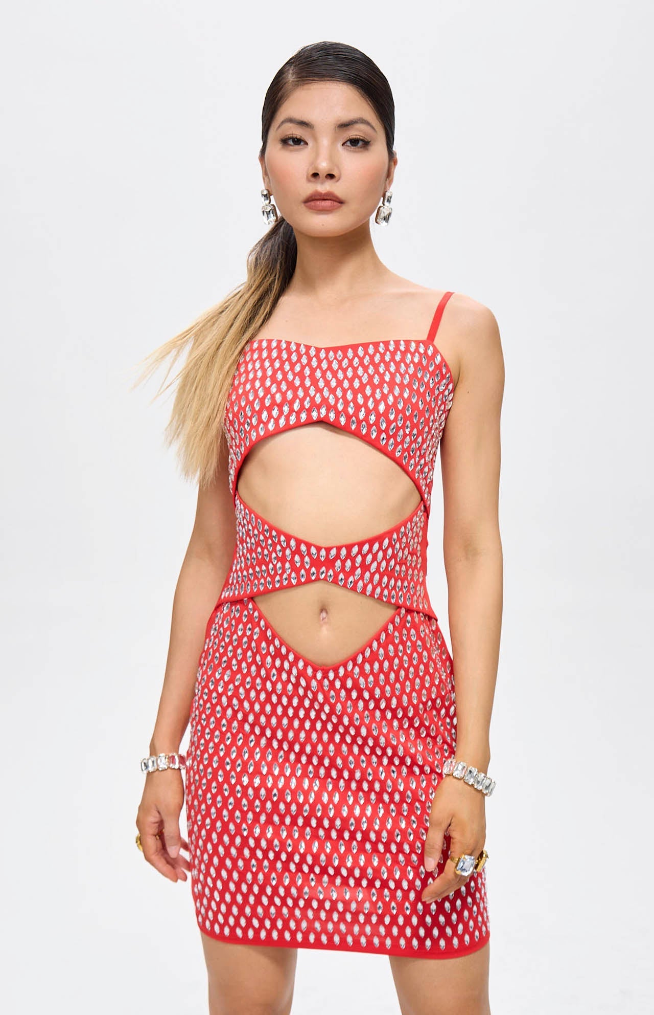 Nure Embellished Cut-Out Crystal Mini Dress Red