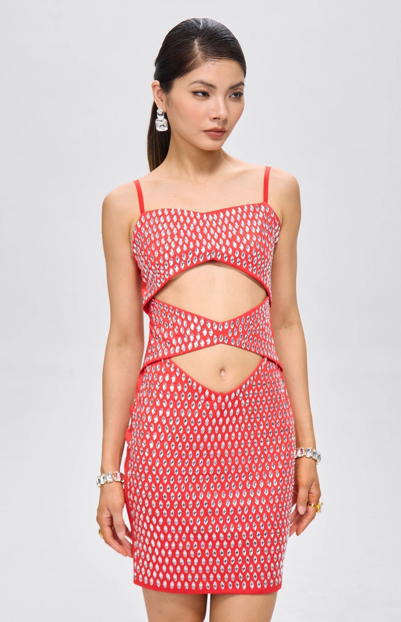 Nure Embellished Cut-Out Crystal Mini Dress Red