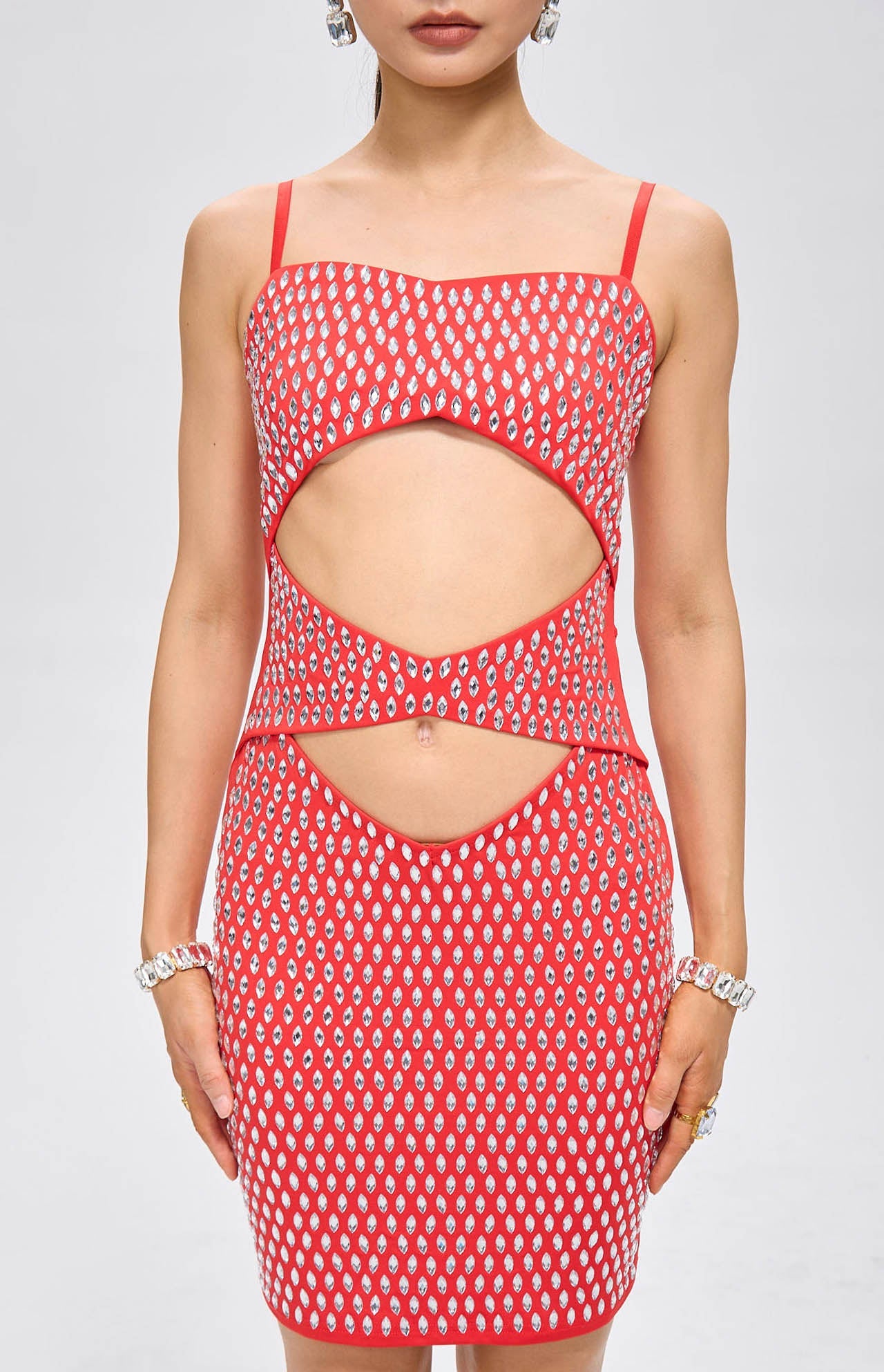Nure Embellished Cut-Out Crystal Mini Dress Red