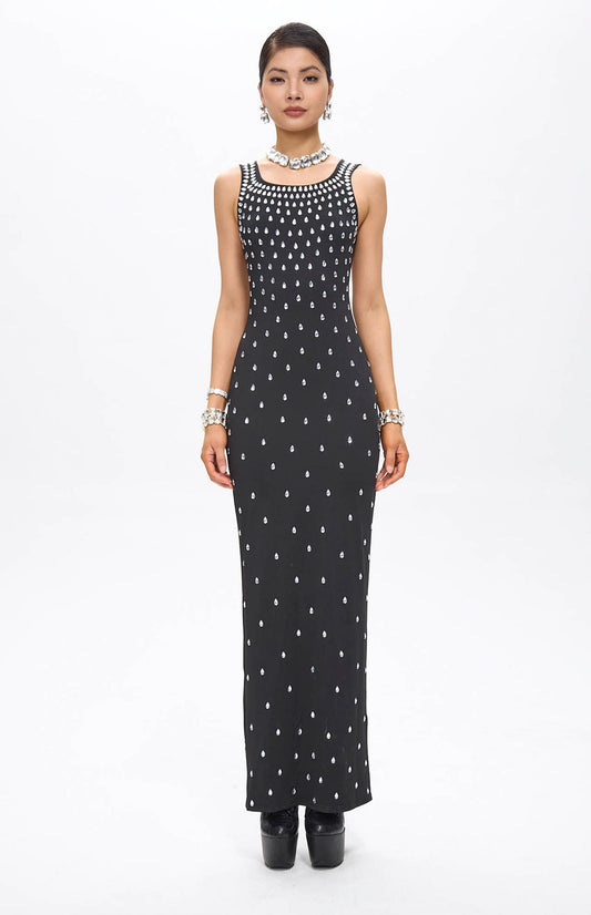 Zaka Black Embellished Crystal Maxi Dress