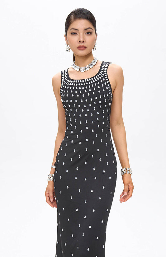 Zaka Black Embellished Crystal Maxi Dress