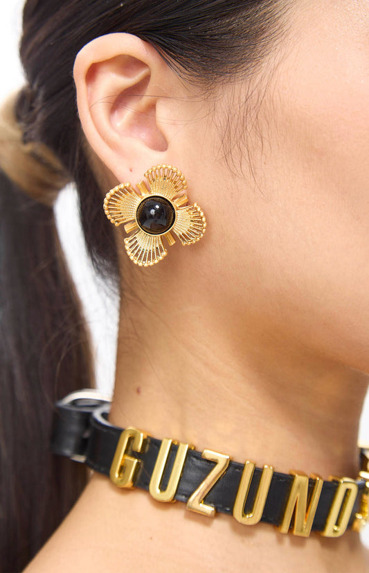 Zeera Black Agate Floral Clip-On Golden Earrings